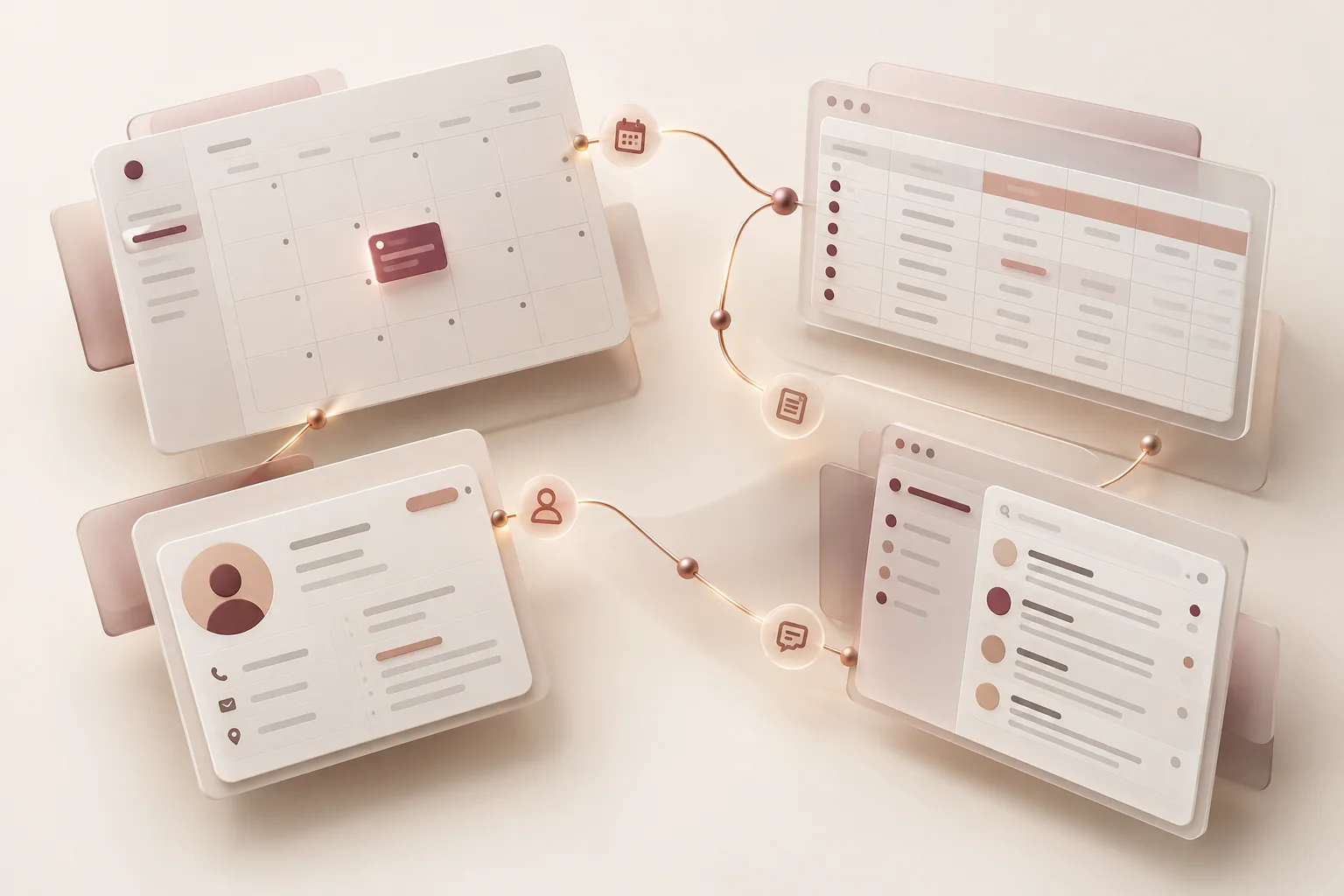 Illustration of a calendar, spreadsheet, CRM, and messages connected by one workflow